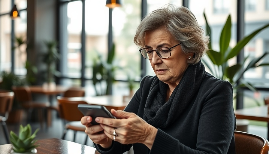 Older woman using smartphone in a modern cafe, focused expression.