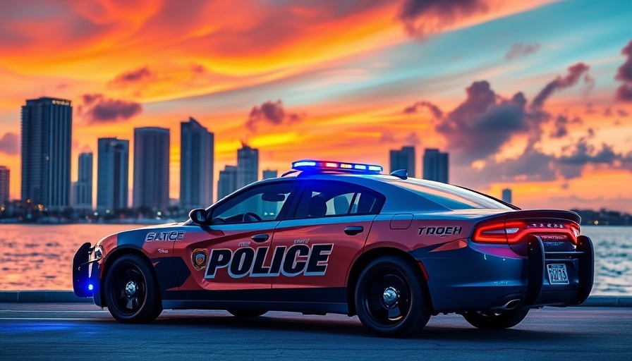 Florida Highway Patrol best-looking cruiser with Miami skyline.