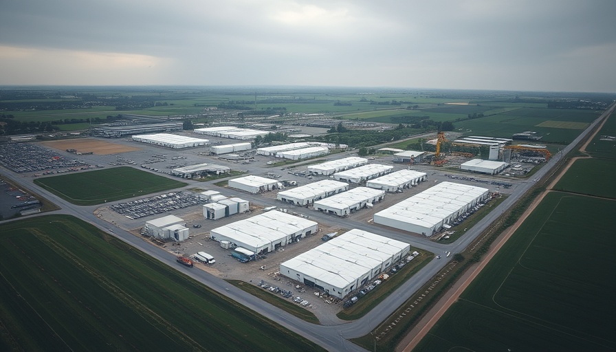 Aerial view of large facility and parking lots in open field.