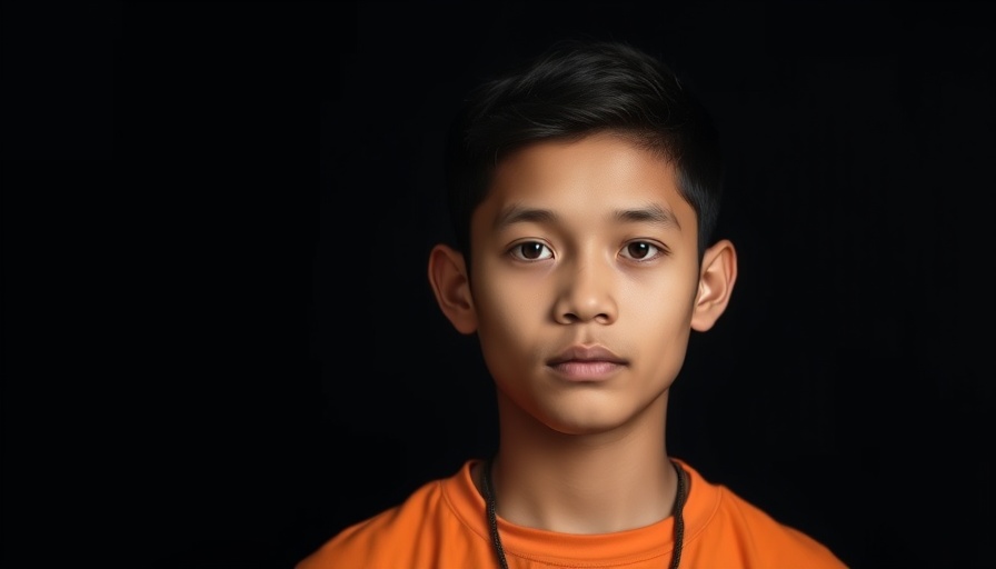 Portrait of a young man in an orange shirt against a dark background.