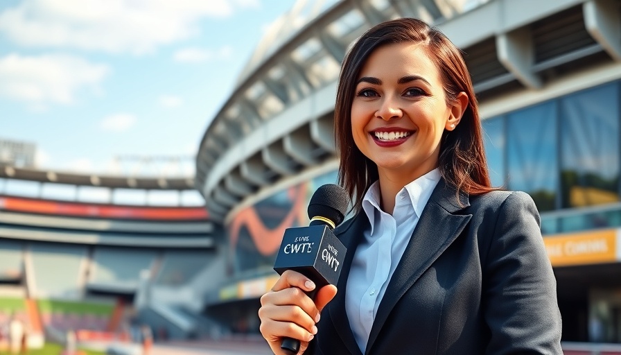 Smiling female reporter at stadium entrance delivering sun coast recent news.