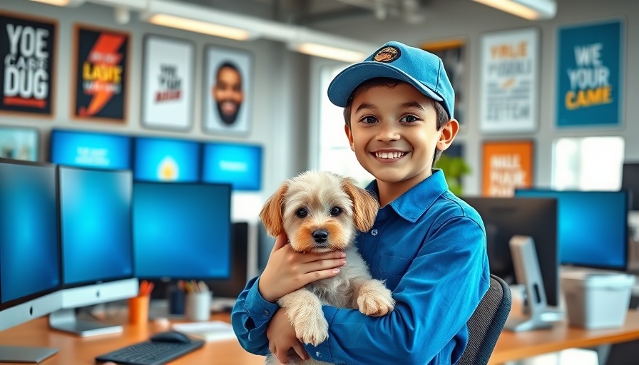 Boy starts business in tech office, smiling with supportive adult and dog.
