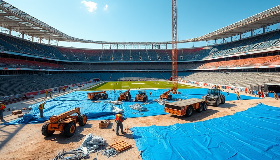 Tropicana Field repairs with construction workers and equipment.