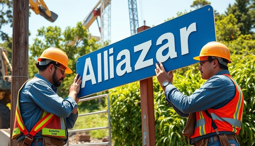 Construction at Alligator Alcatraz with workers adjusting sign.