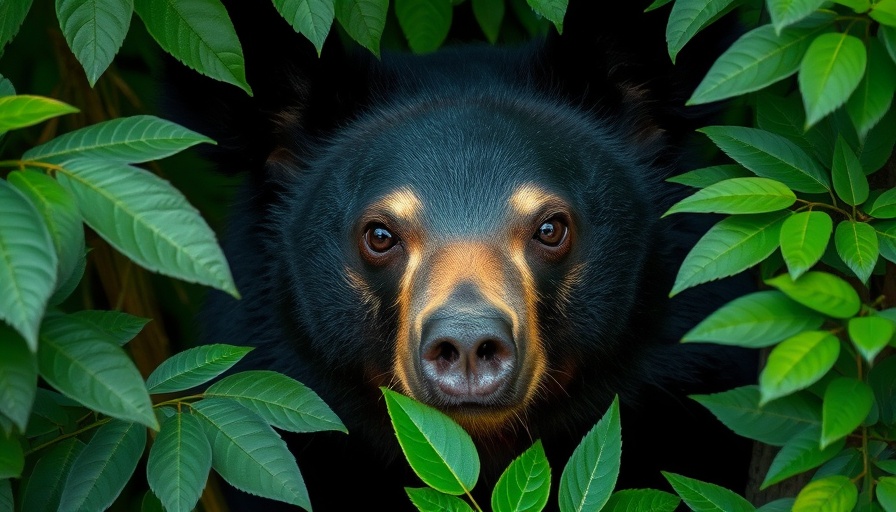 Florida black bear in dense foliage, close-up view.