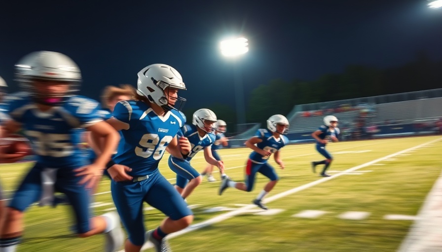 Youth football game under stadium lights, blurry action.