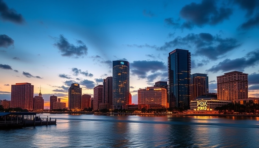 Tampa Bay cityscape with FOX 13 logo at dusk.