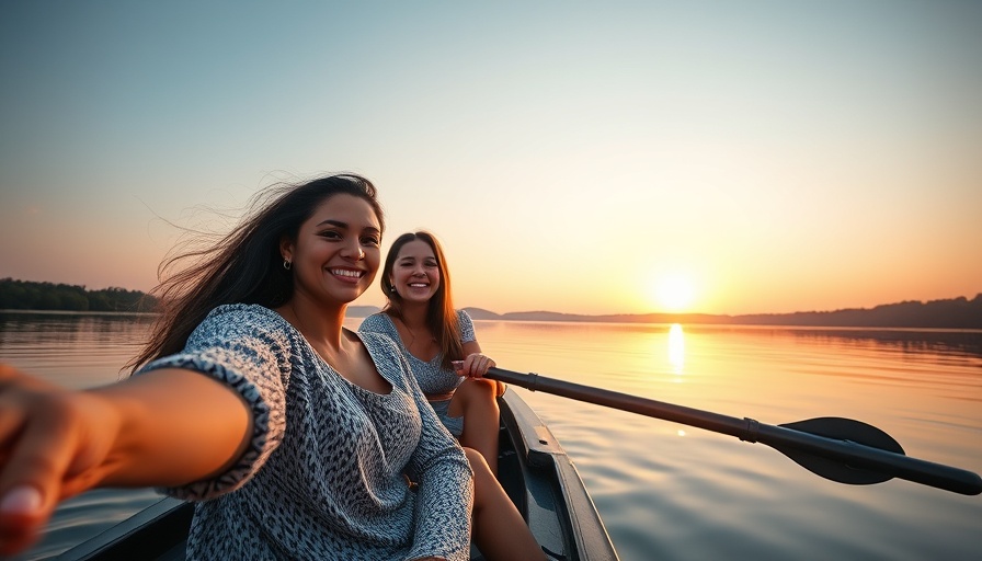 Sunset rowing selfie on serene lake at Sun Coast.