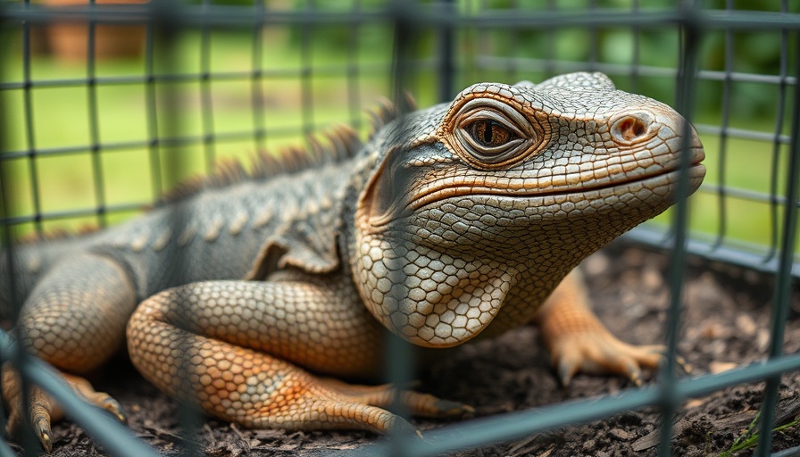 Tegu lizard in AI smart trap with metal mesh cage.
