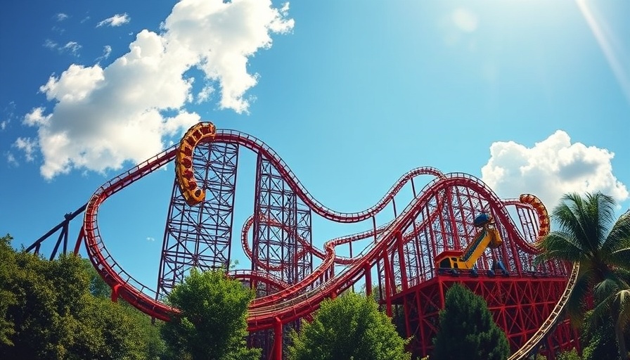Universal Orlando roller coaster with clear sky, greenery, investigation focus.