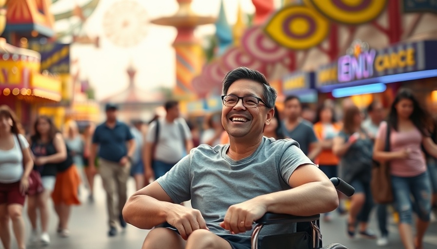 Smiling person in a wheelchair at theme park highlighting universal ride safety transparency.
