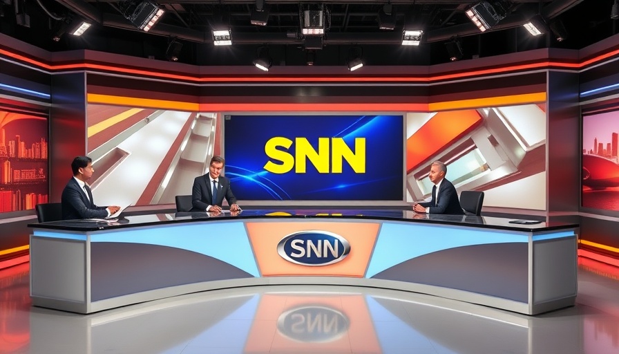 Television anchor desk in news studio with SNN logo backdrop.
