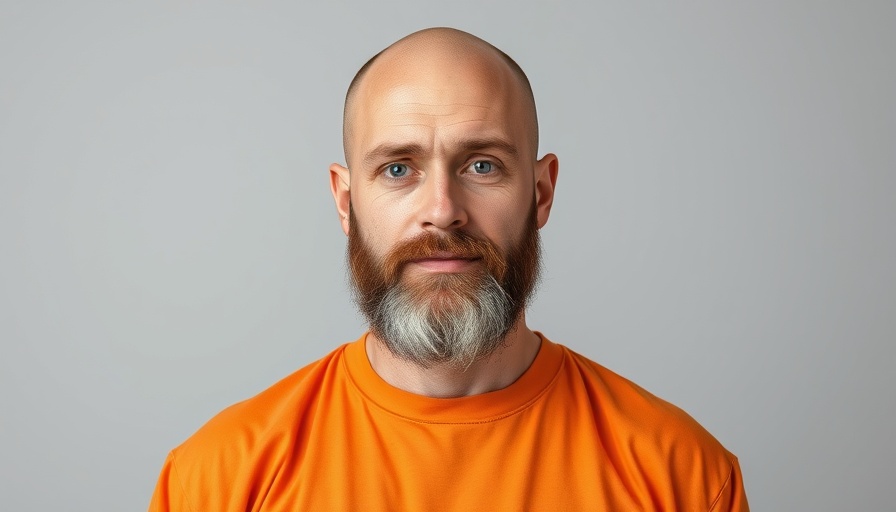 Bald man with beard in orange attire facing camera, neutral expression.
