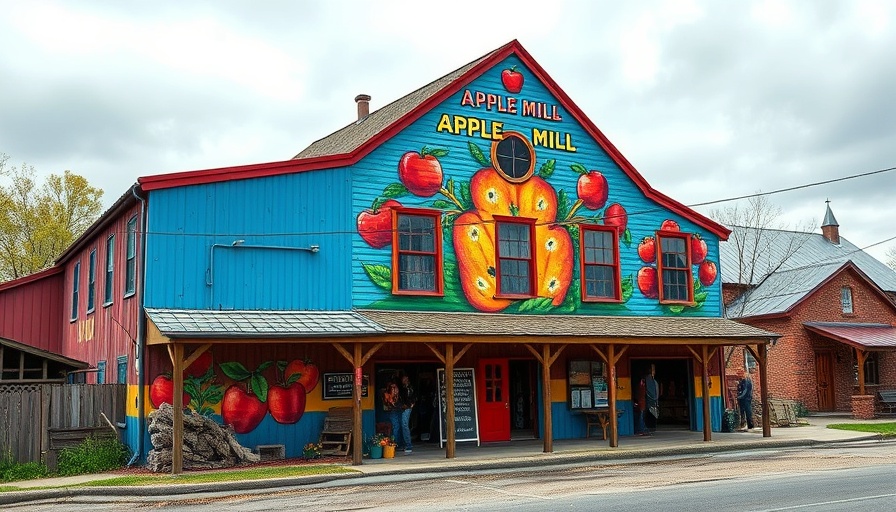 Colorful mural on Schutts Apple Mill building with people outside.