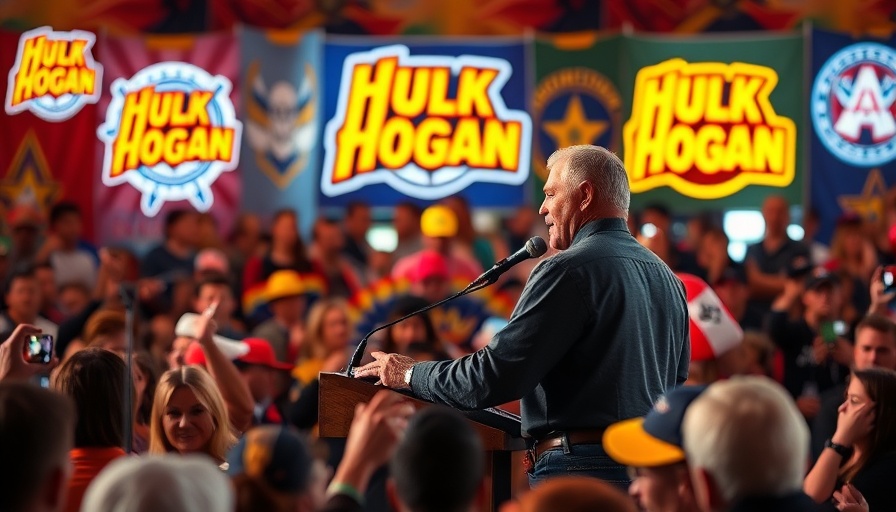 Man speaking at podium with Hulk Hogan Trail sign.