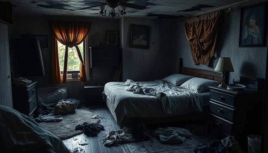 Electrical fire damage in a mobile home bedroom scene.