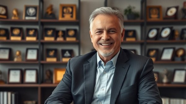 Confident man in an award-filled office setting for apartment renters.