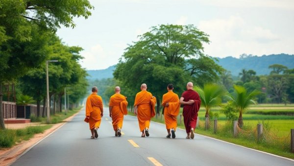 Buddhist monks Walk for Peace along a scenic rural road