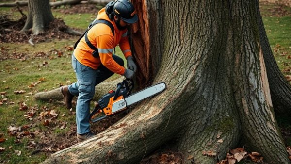 Tree cutting process with worker in gear near uprooted tree.