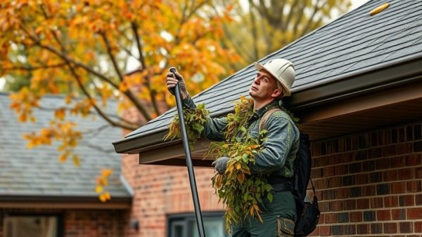Tree cutting companies near me use crane for roof inspection, autumn setting.