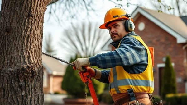 Affordable Desoto Tree Services Mistakes: Worker trimming trees, safety measures in suburb.