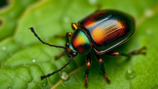 Close-up of an invasive beetle resting on a green leaf.