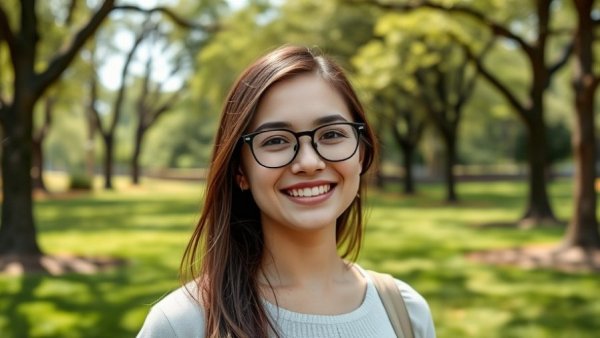 Young woman smiling outdoors in a lush park, promoting Insect Science Enthusiasm.