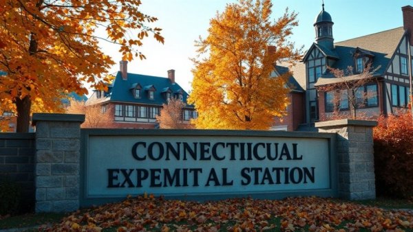 Connecticut Agricultural Experiment Station sign and autumn scene, celebrating 150th Anniversary.