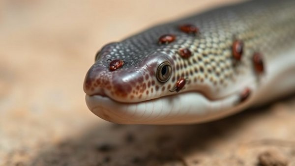 Ticks on electric eel skin in a detailed close-up view.