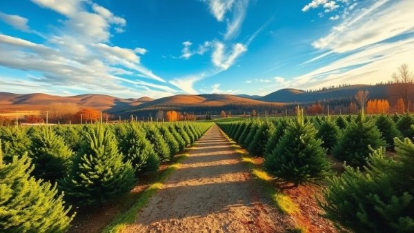 Vibrant Christmas tree farm under blue sky; Elongate Hemlock Scale.