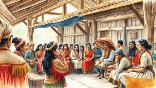 Historic indigenous gathering in a wooden structure, watercolor.