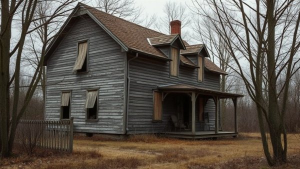 Abandoned aged wooden house with boarded windows in overgrown yard.