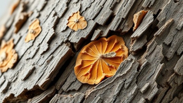 Macro view of bark beetle damage on tree bark, intricate patterns visible.