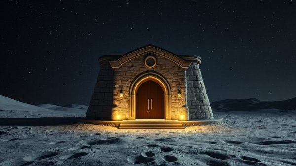 Modern stone building entrance on the Moon's surface at night. Lunar hotel on the Moon.
