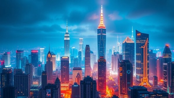 Futuristic cityscape at night with glowing lights, symbolizing homeowner insurance.