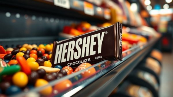 Close-up of Hershey bar on candy shelf depicting marketing strategy.
