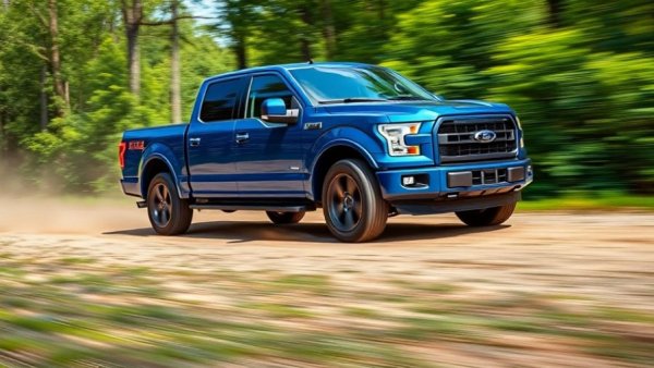 Blue Ford F-150 Lightning EREV speeding on forest path.