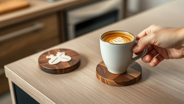 Stylish wooden coasters with latte art on a kitchen counter.