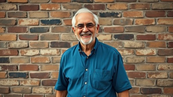 An elderly man against a brick wall, depicting wisdom and experience.