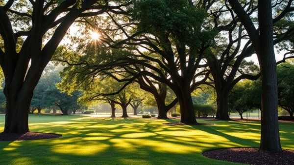 Hardwood tree care in North Texas park, sunlit and vibrant.