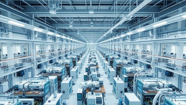 Modern manufacturing facility with organized machinery.