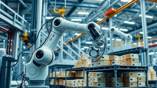 Automation in manufacturing with robotic arm in factory.