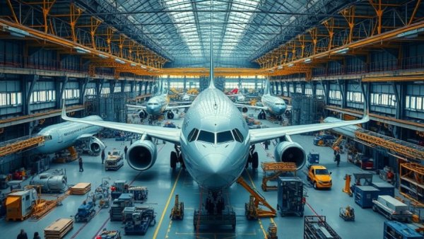 Boeing aircraft assembly line in Washington factory for Alaska Airlines.