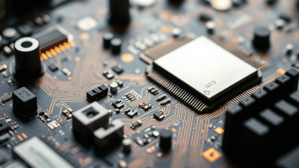 Close-up of motherboard chip, representing U.S. chip imports.