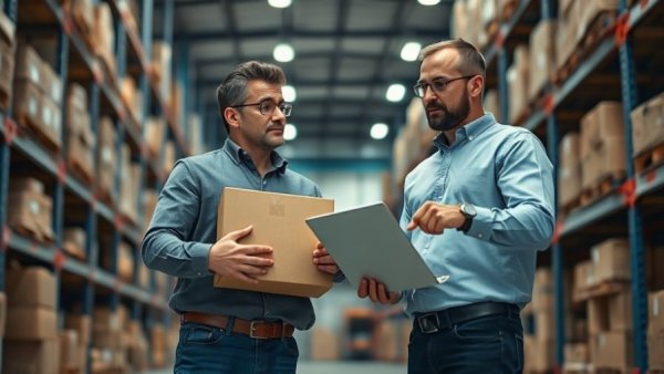 Two colleagues evaluating inventory in a warehouse.