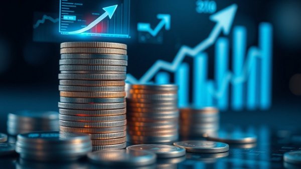 Futuristic financial growth visualization with coins and graphs.