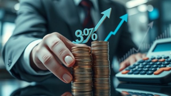 Business evaluation concept with stacked coins and percentage symbols.