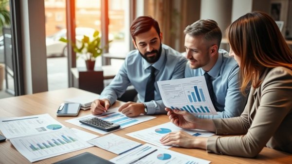 Impact of market confidence on business sales shown through professionals analyzing charts.