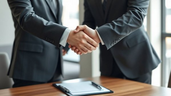 Business buyers sealing a deal with a handshake.