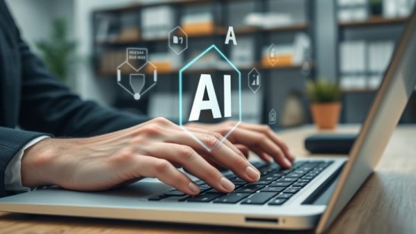 Businessperson using laptop with AI icons, buy IBM stock now.